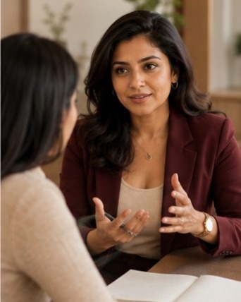Maya in conversation with a client